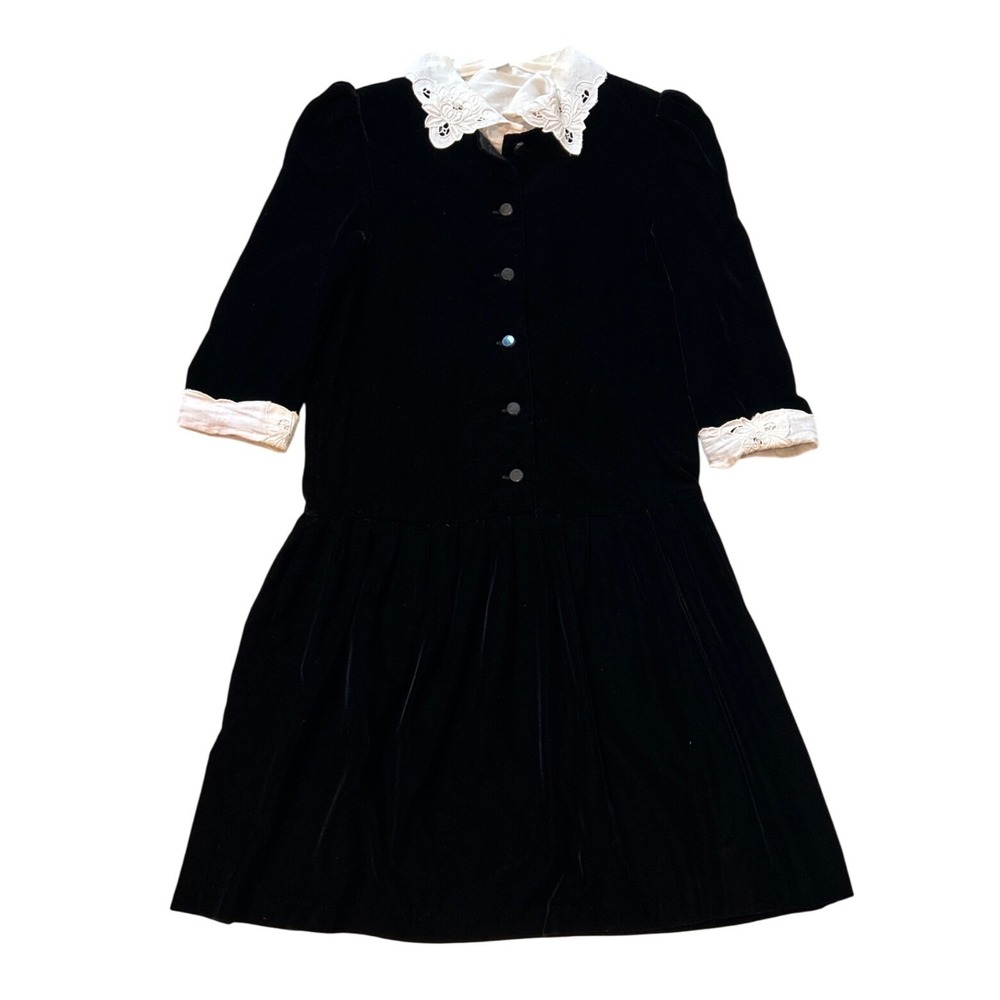Vintage Nancy Johnson Black Velvet Drop Waist Dress Lace Collar 12 modern XS